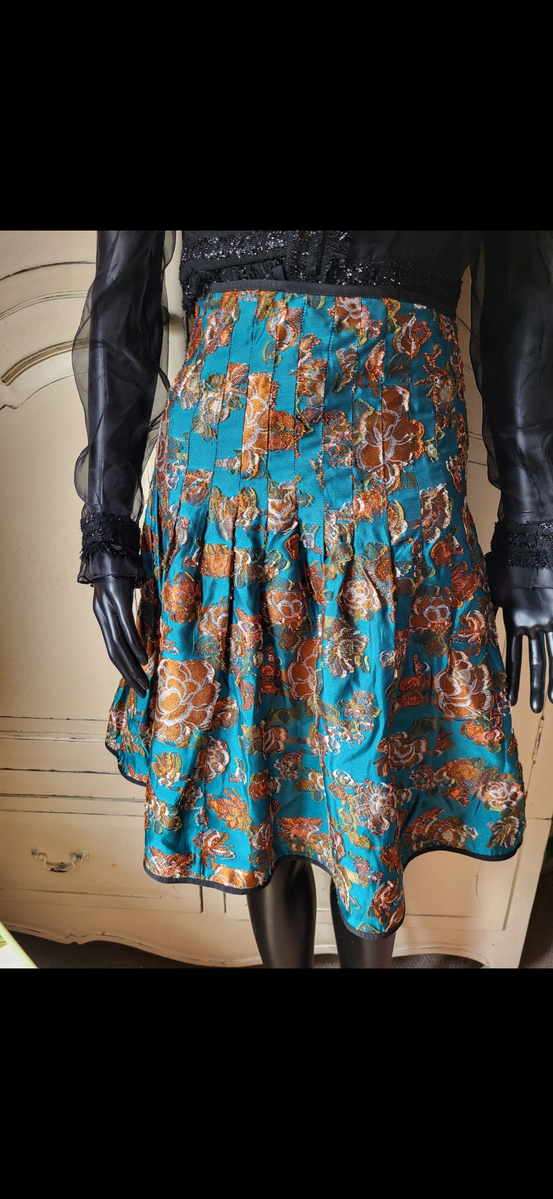Vintage Silk Teal and Gold Brocade Skirt