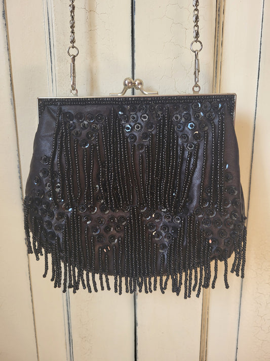 Black Beaded & Sequin Evening Bag - Chain Strap