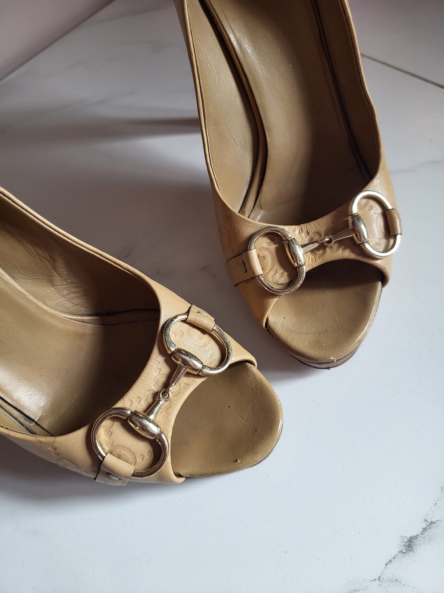 Gucci Tan Peep Toe Platform Heels