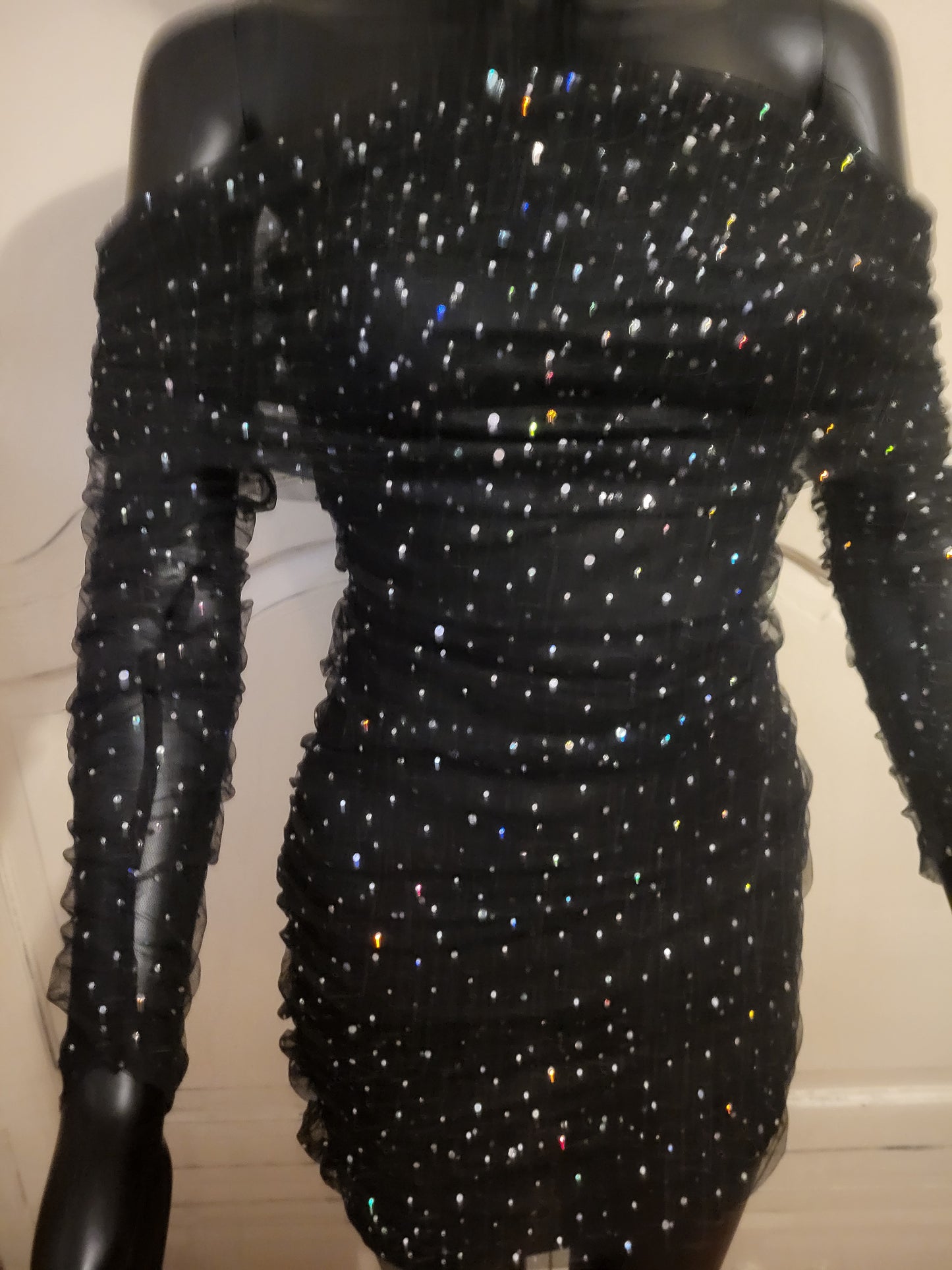 Sheer Off the Shoulder Diamante Black Mini Dress