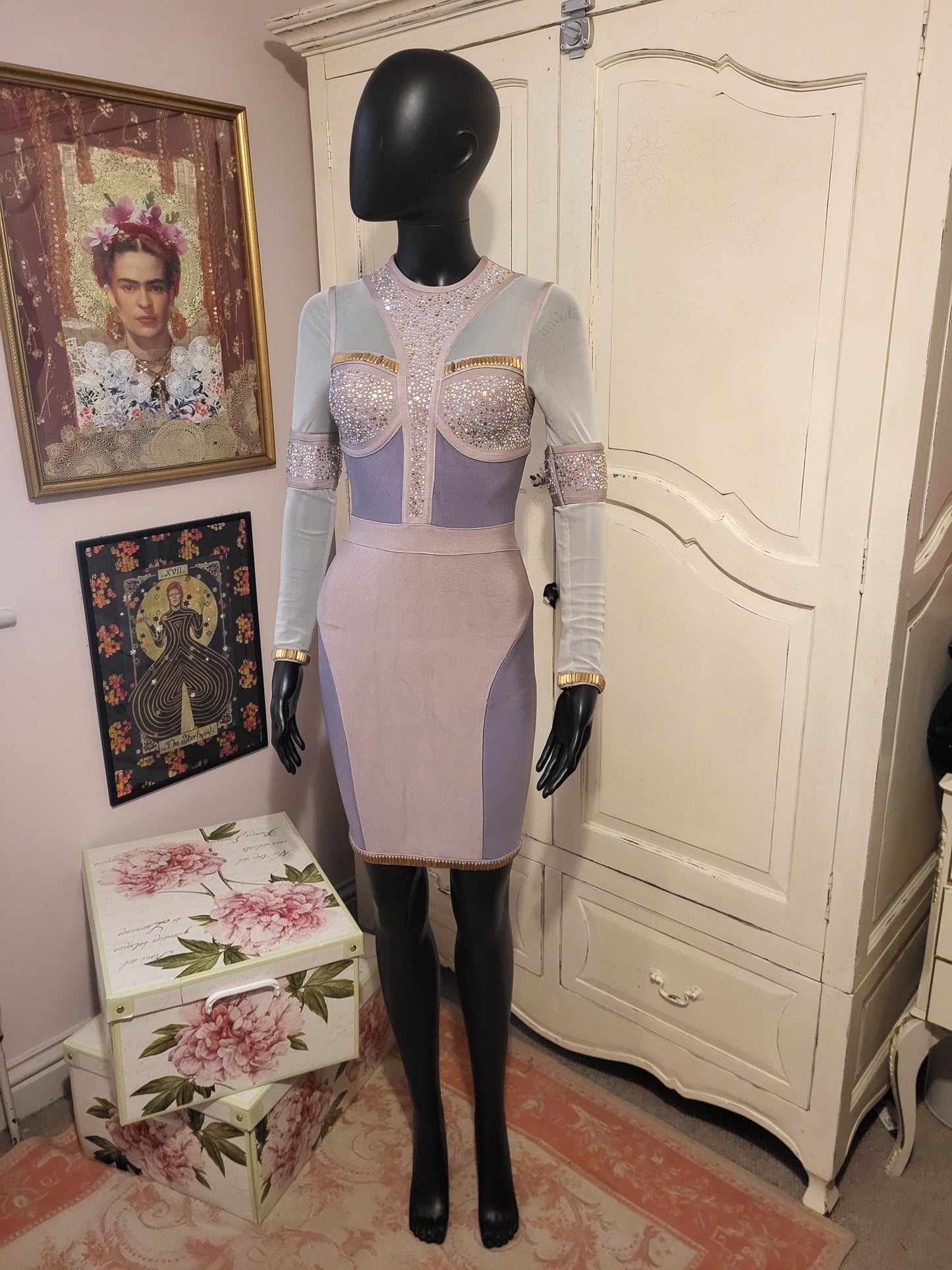 Mesh and Faux Diamante Bandage Dress