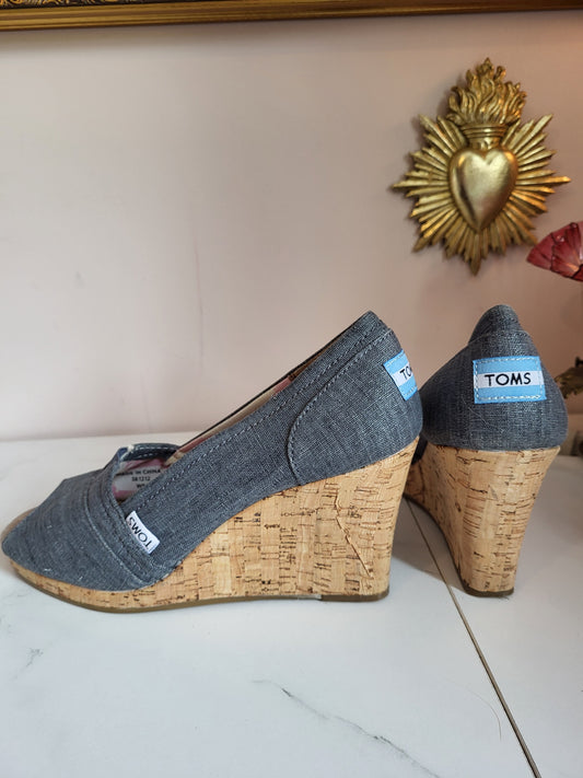 TOMS Grey Canvas Peep Toe Wedges
