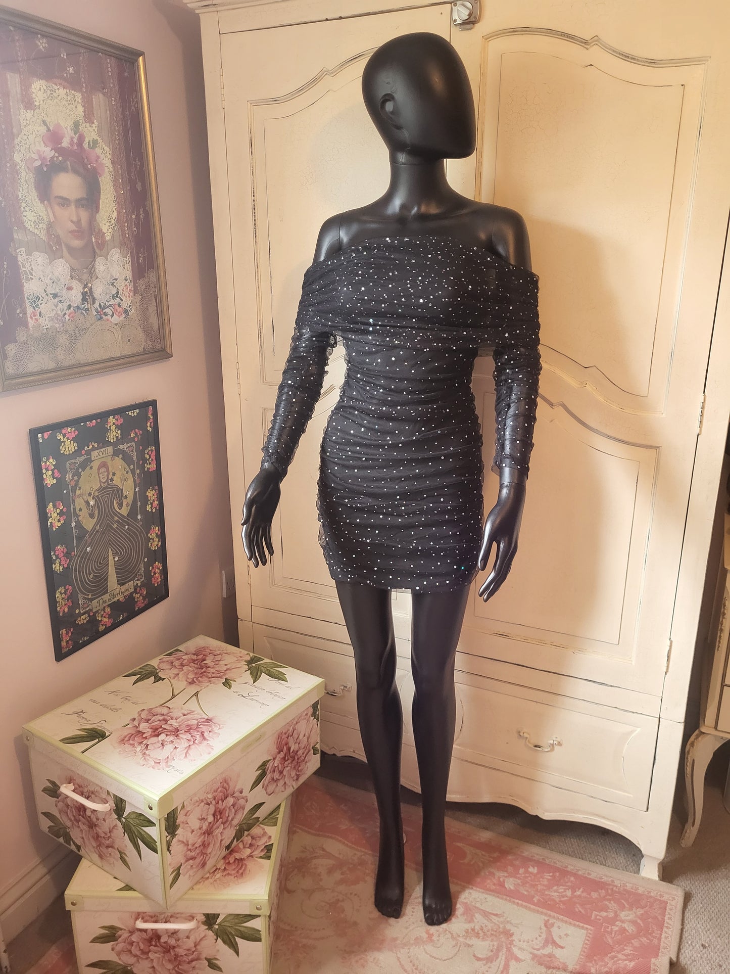 Sheer Off the Shoulder Diamante Black Mini Dress