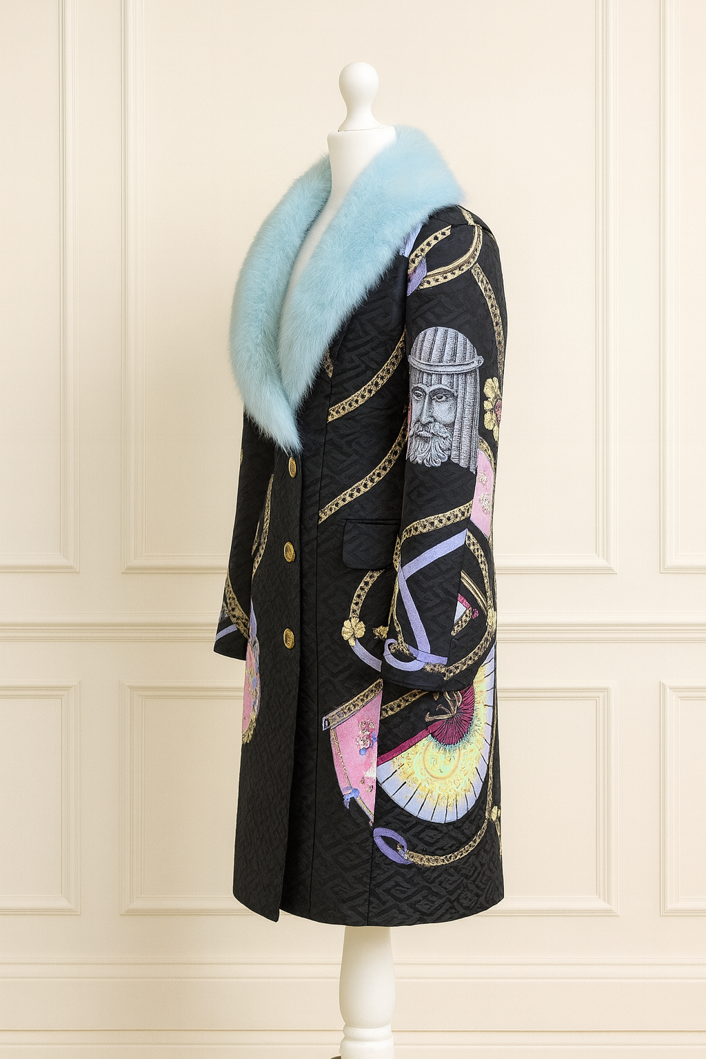 Versace Blue Faux Fur Collar Brocade Coat