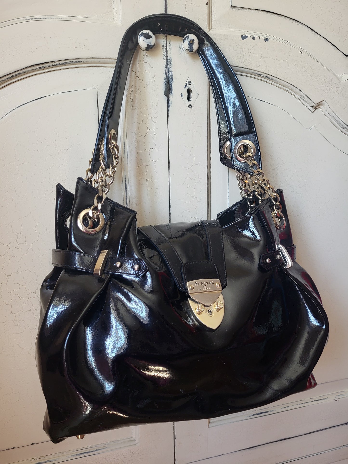 Aspinal of London Patent Black Slouch Hobo Bag