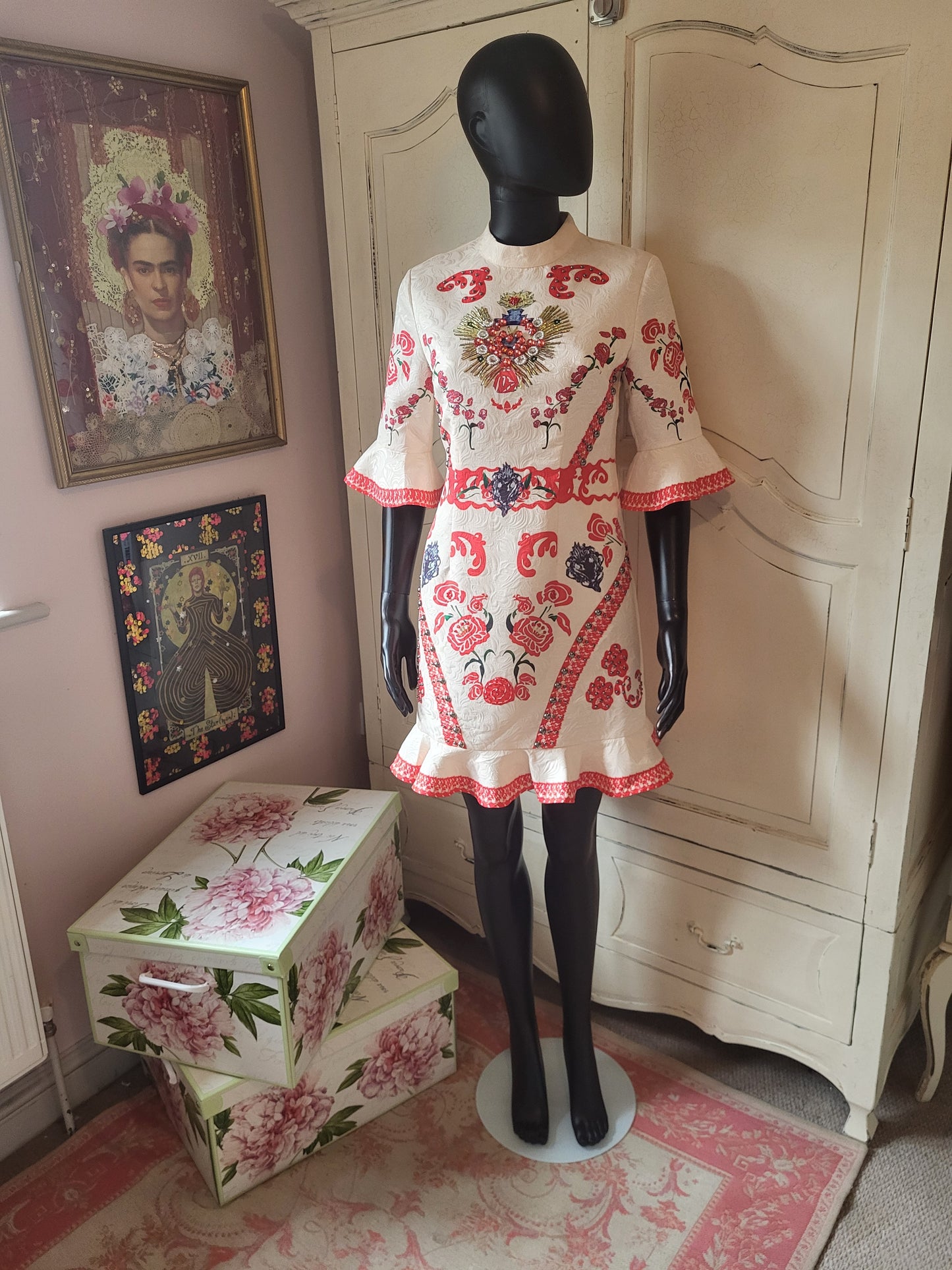 Comino Couture Cream and Red Embellished Dress