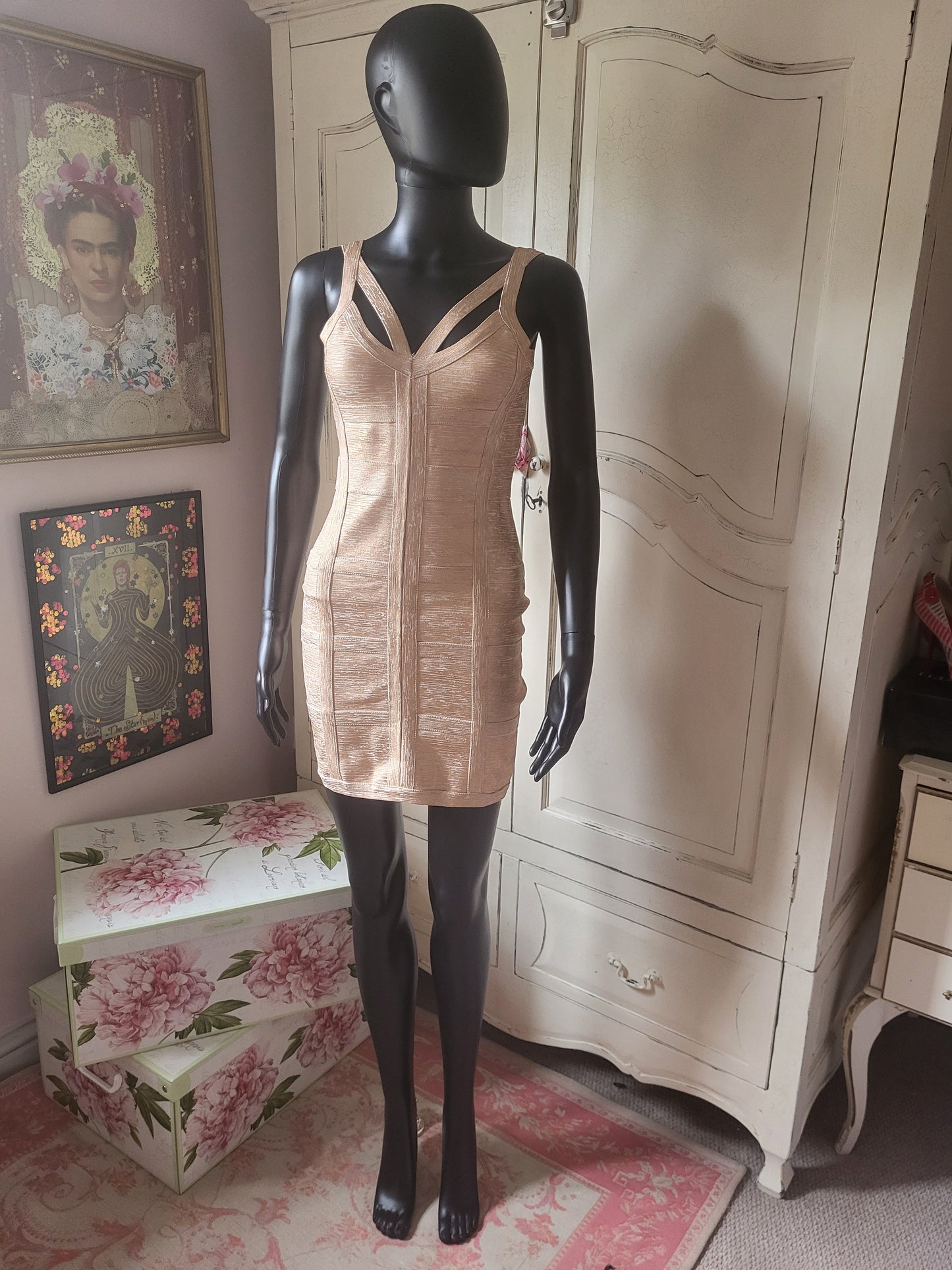 Molten Gold Bodycon Bandage Dress in the style of Hervé Léger