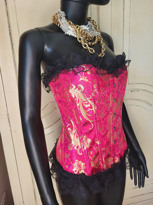 Fuchsia and Gold Basque with Black Lace Trim