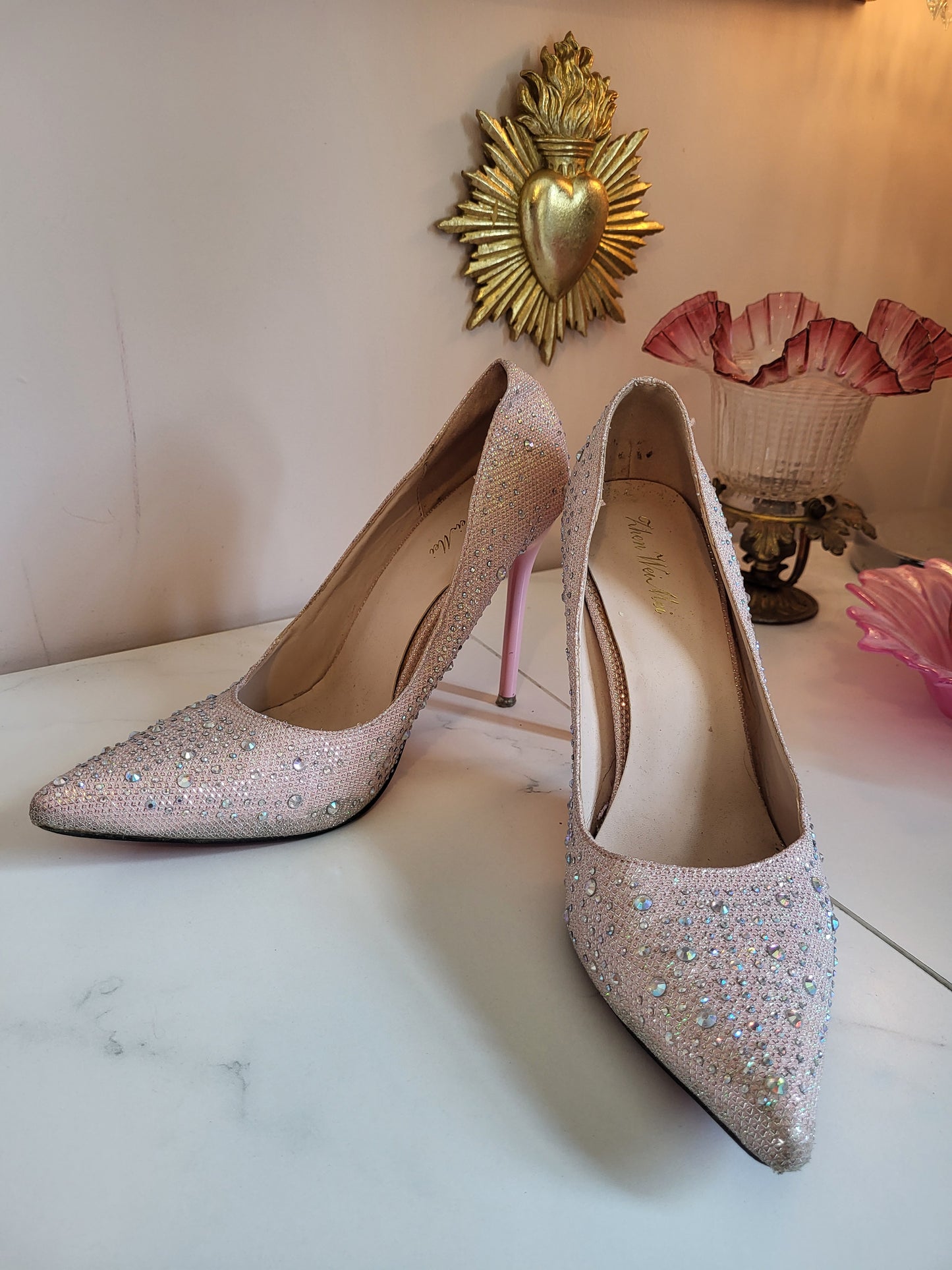 Pink Diamante Heels with Red Soles