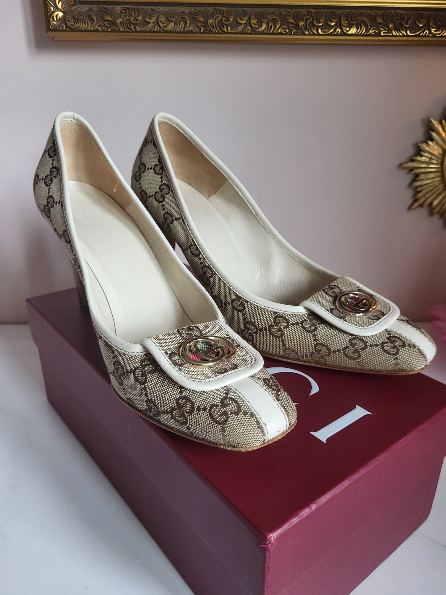 Gucci Classic Print Court Heels with Brass Emblems