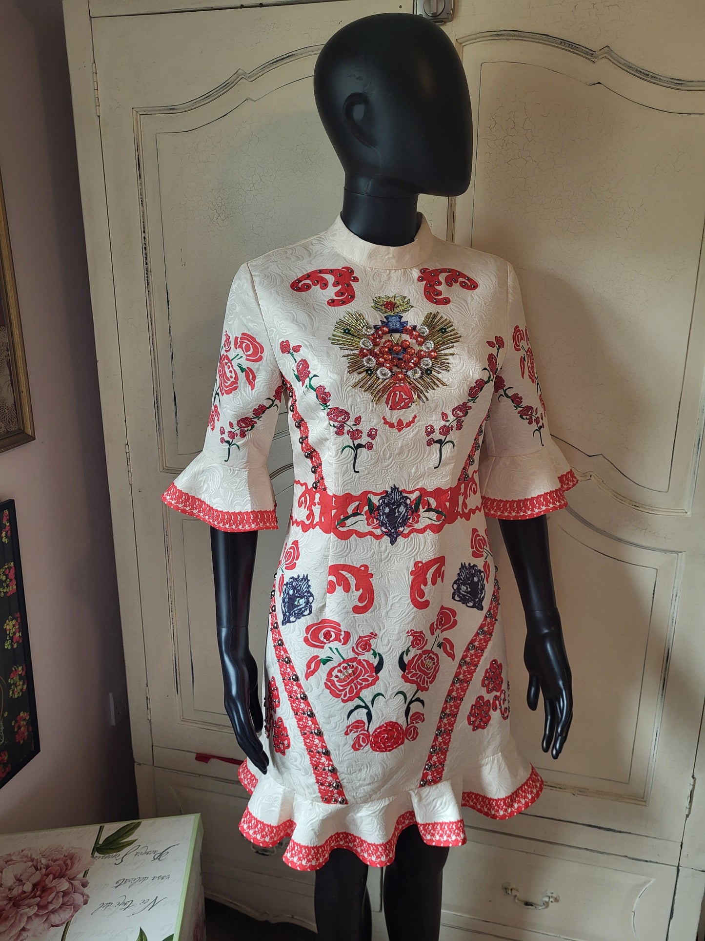 Comino Couture Cream and Red Embellished Dress