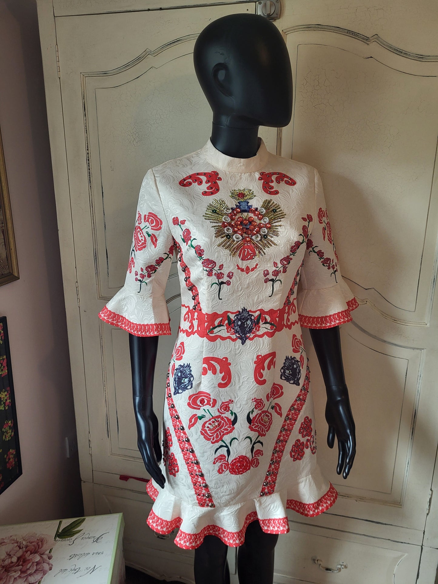 Comino Couture Cream and Red Embellished Dress