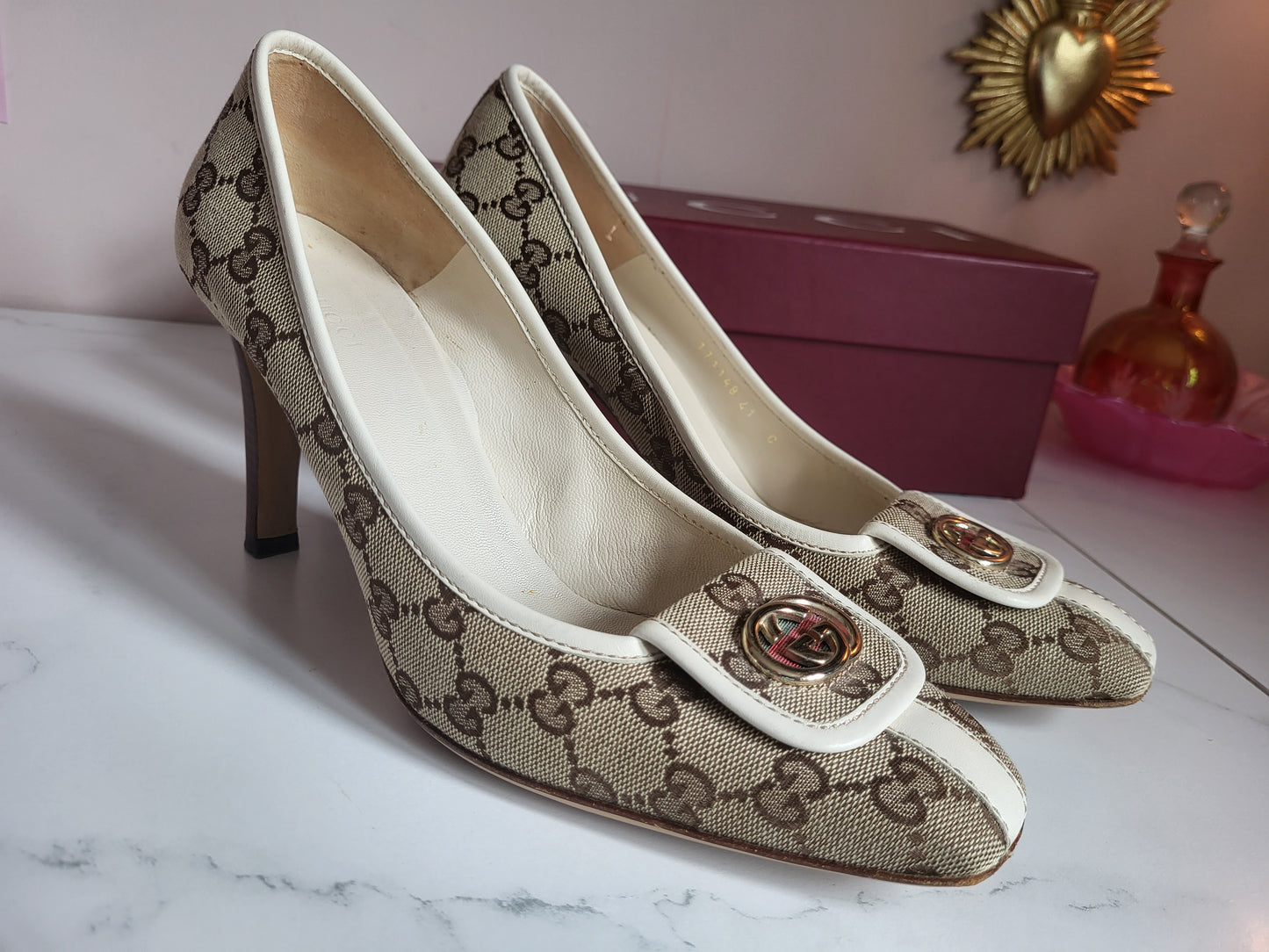 Gucci Classic Print Court Heels with Brass Emblems