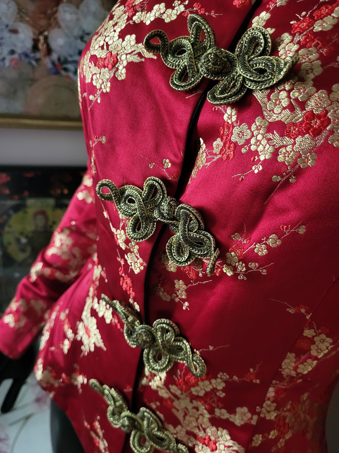 Tailor Lau Silk Red Floral Jacquard Jacket with Gold Brocade fastenings