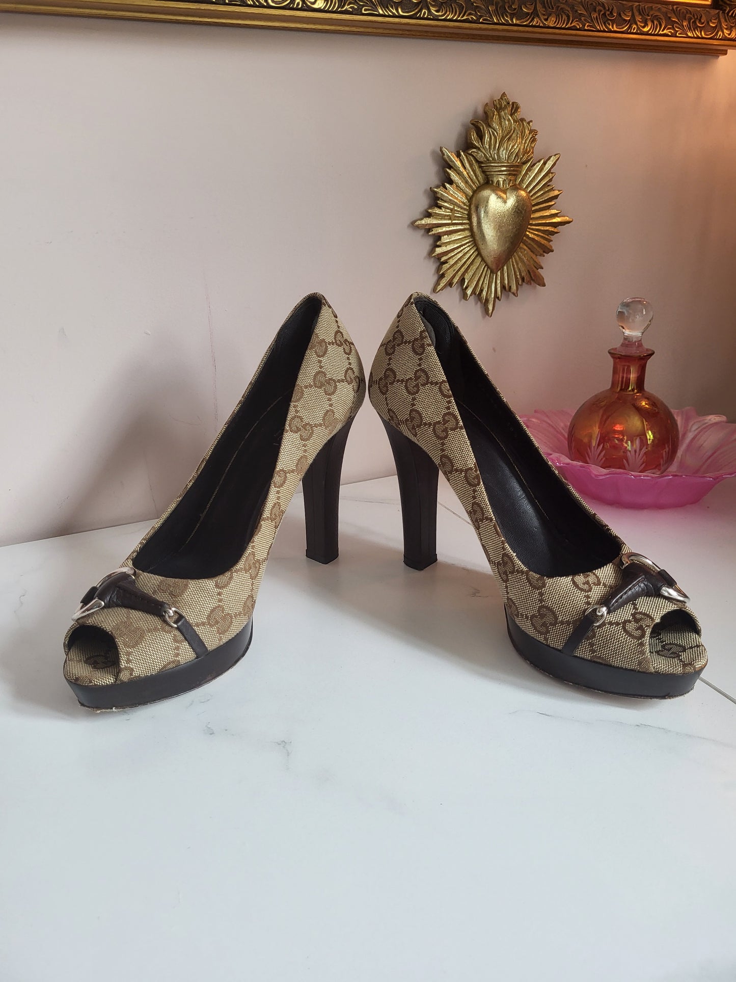 Gucci Platform Peep Toe Canvas Heels