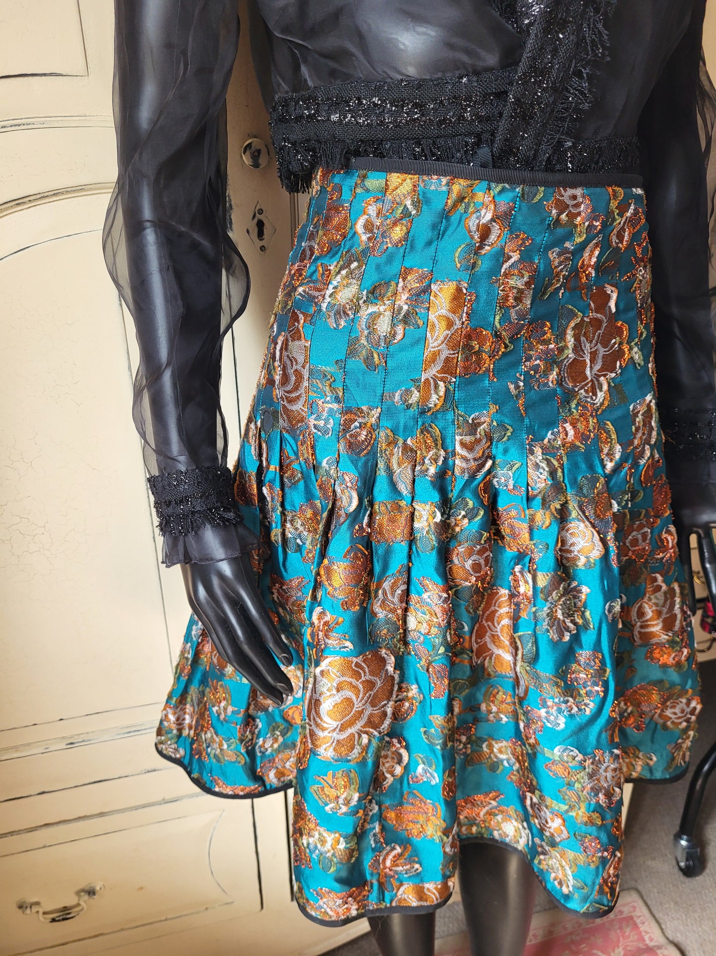 Vintage Silk Teal and Gold Brocade Skirt