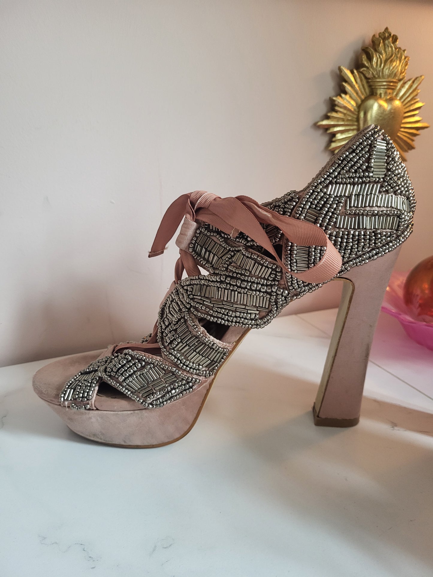 Vintage Fully Leather Lined Satin and Beaded Shoes