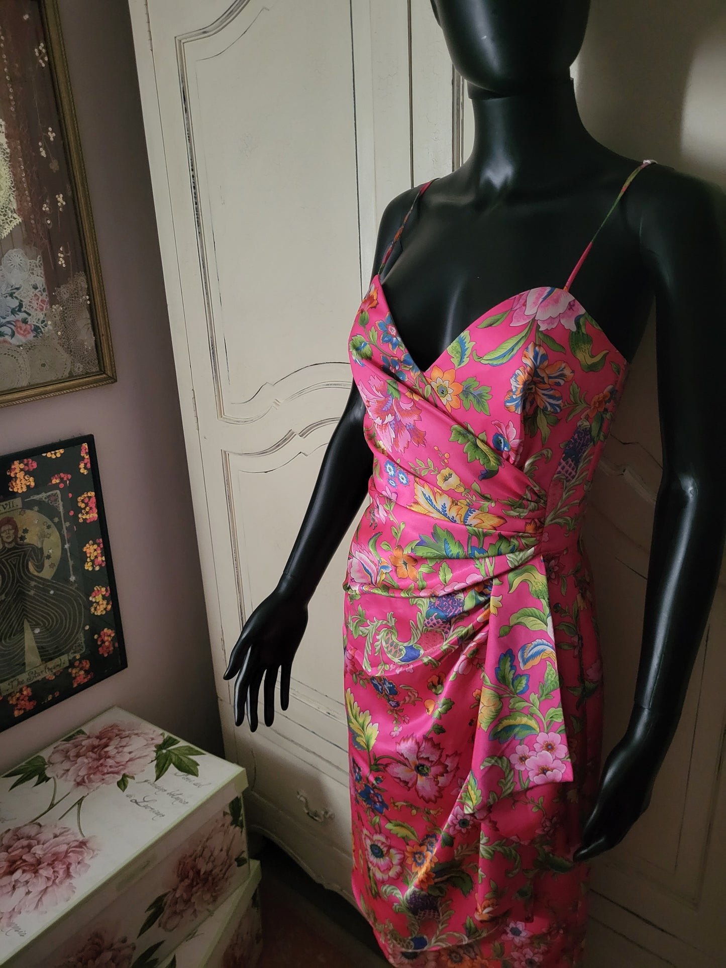 Vintage Satin Fuchsia Floral Print Frank Usher Dress