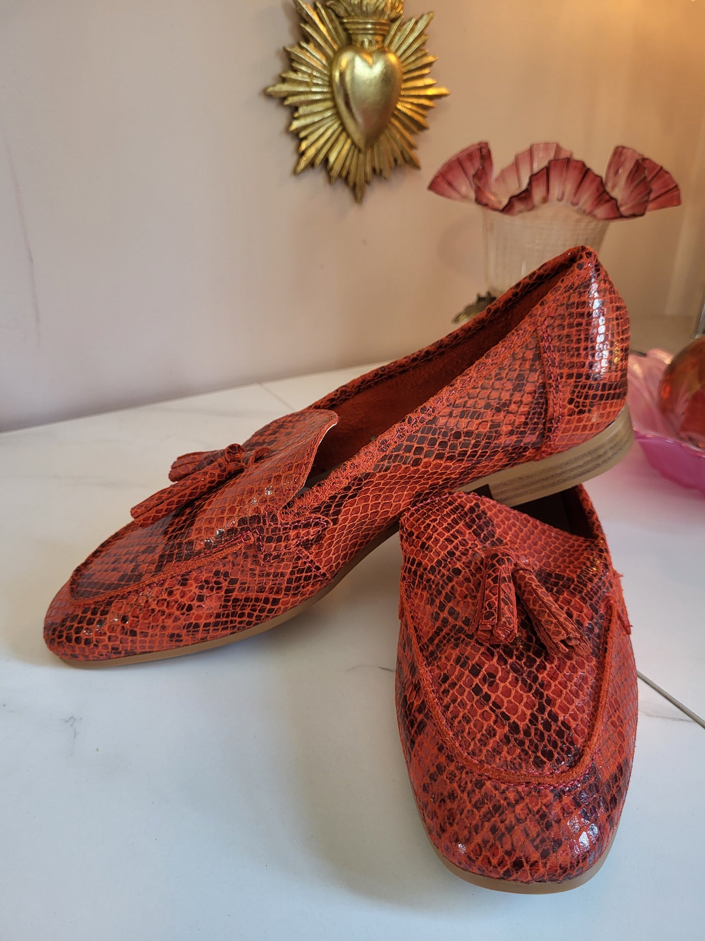 Moda in Pelle Leather Burnt Orange Faux Snakeskin Loafers