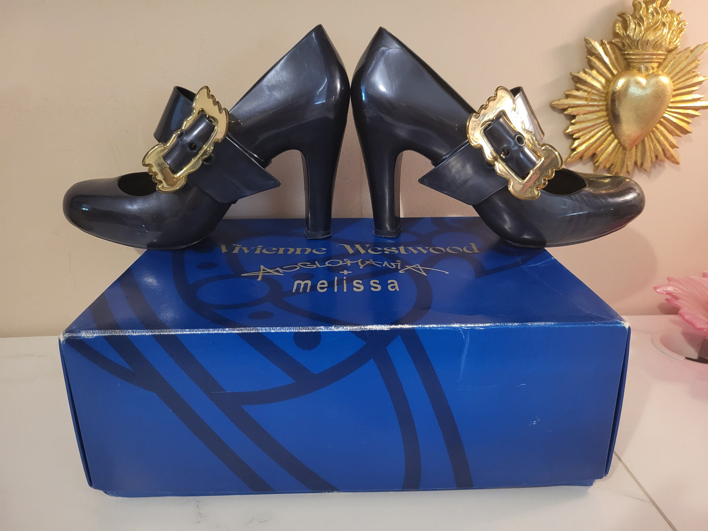 Vivienne Westwood x Melissa Navy Blue & Gold Buckle Heels