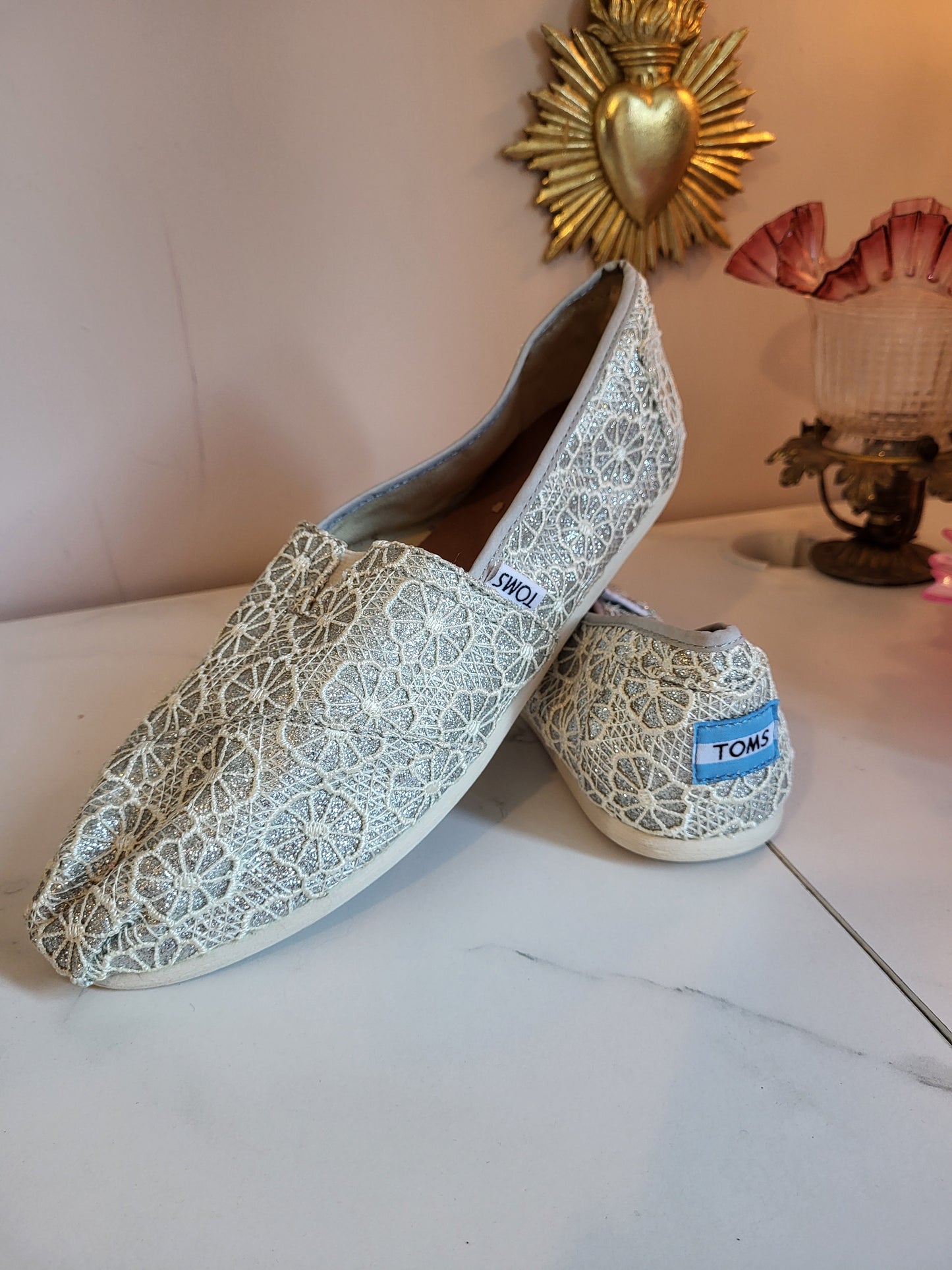 TOMS Soft Silver Shimmer Slip on Espadrilles