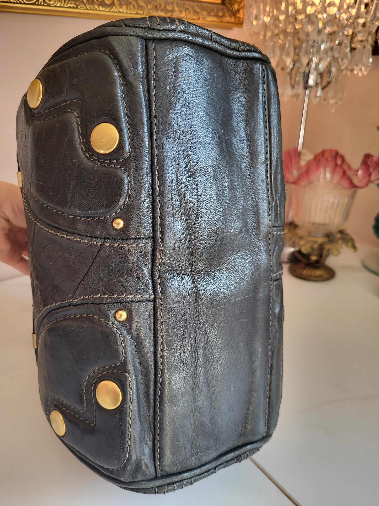 Vintage Juicy Couture Black Leather Satchel with Brass Hardware