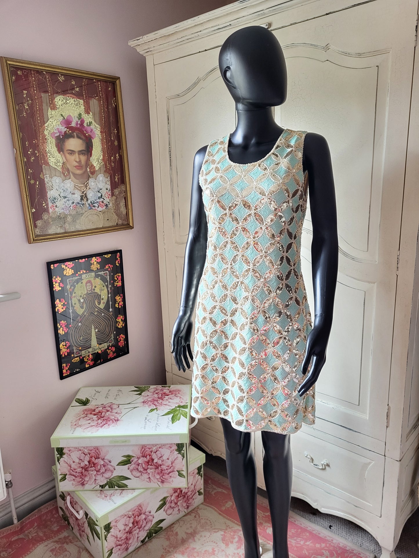 Vintage Turquoise Sequin Shift Dress