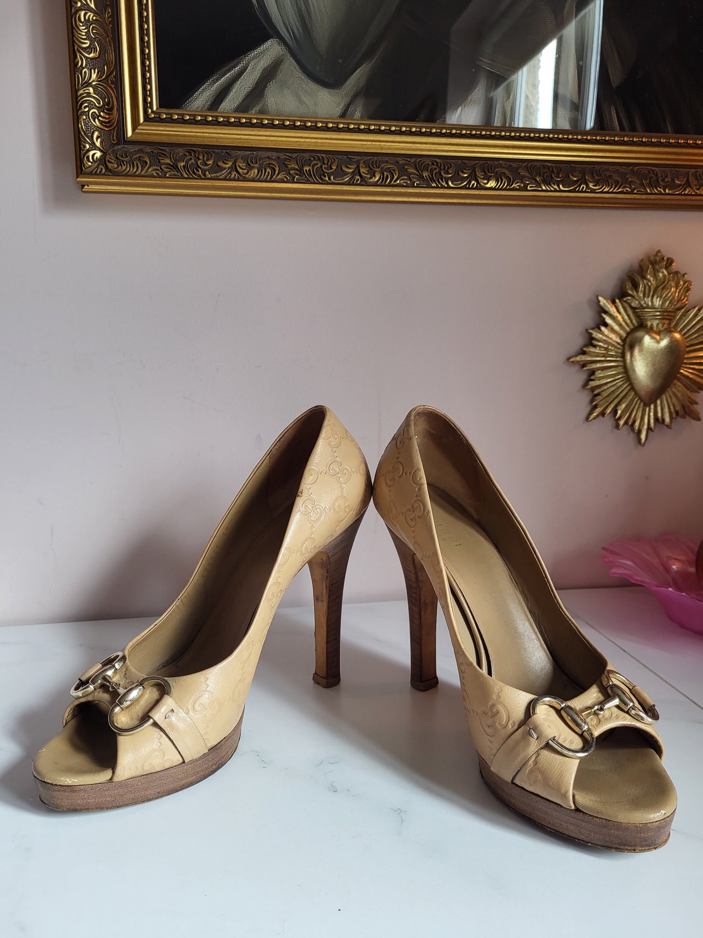 Gucci Tan Peep Toe Platform Heels