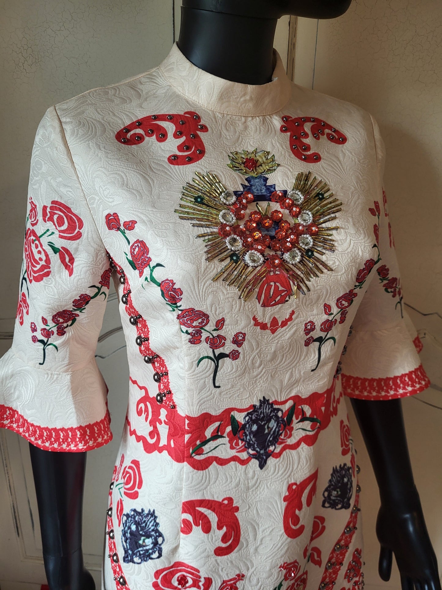 Comino Couture Cream and Red Embellished Dress