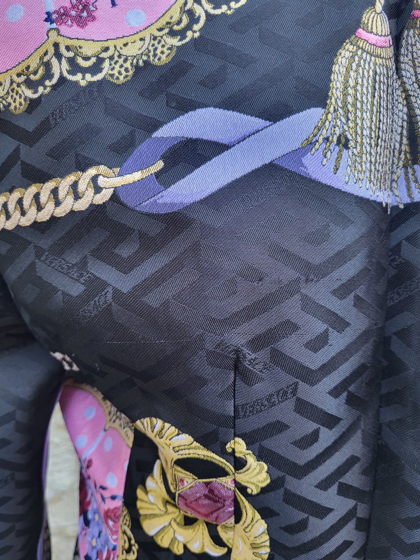 Versace Blue Faux Fur Collar Brocade Coat