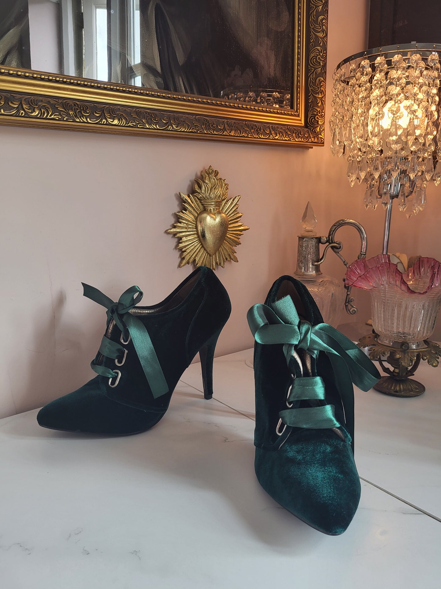 Emerald Velvet Ribbon-Tie Shoe Boots