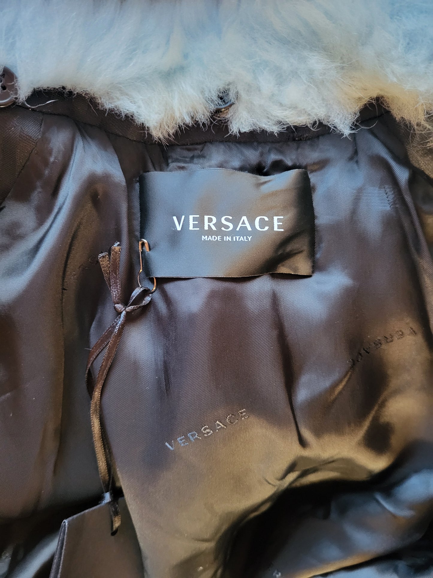 Versace Blue Faux Fur Collar Brocade Coat