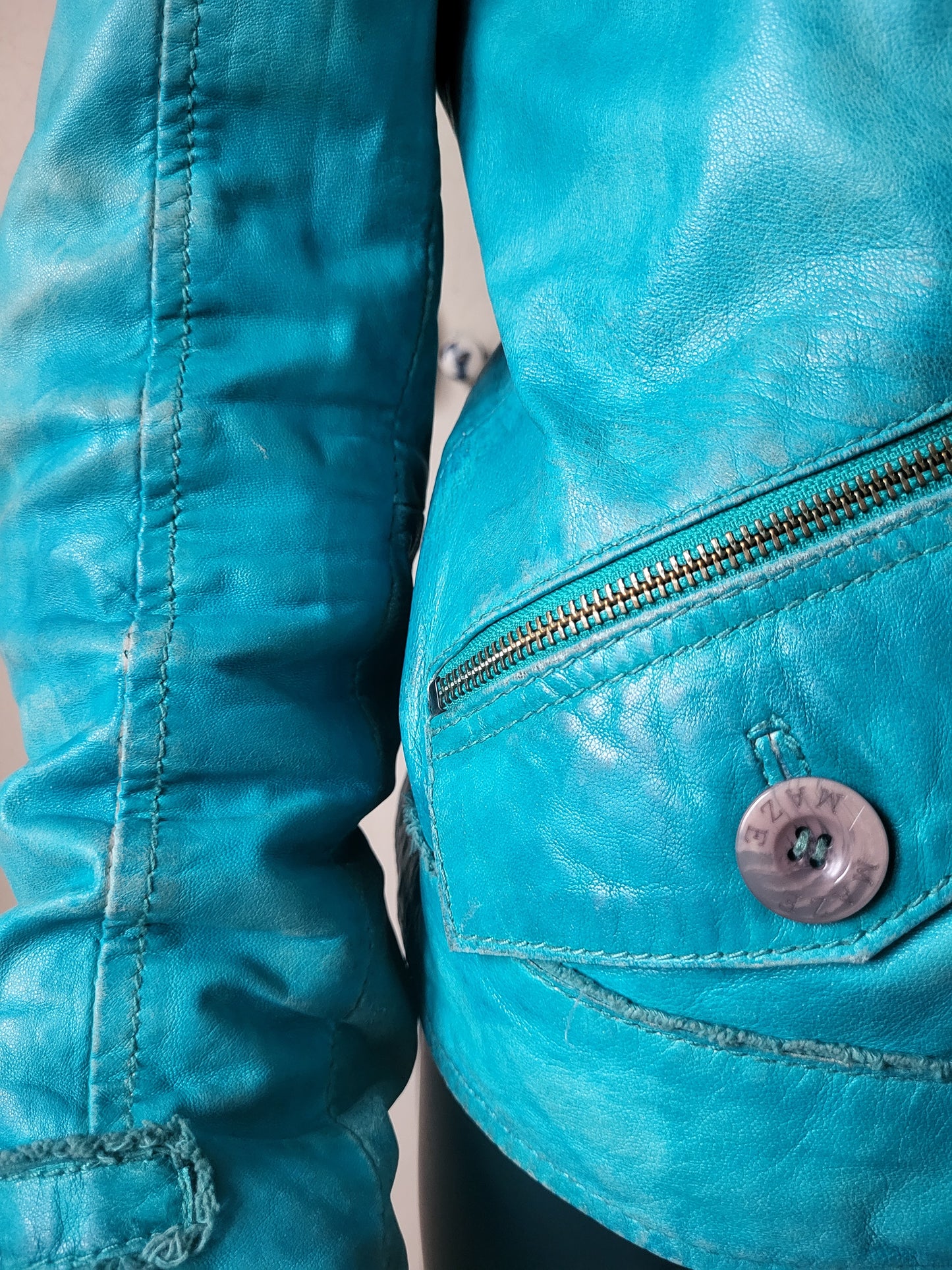 Vintage Maje Turquoise Distressed Leather Jacket