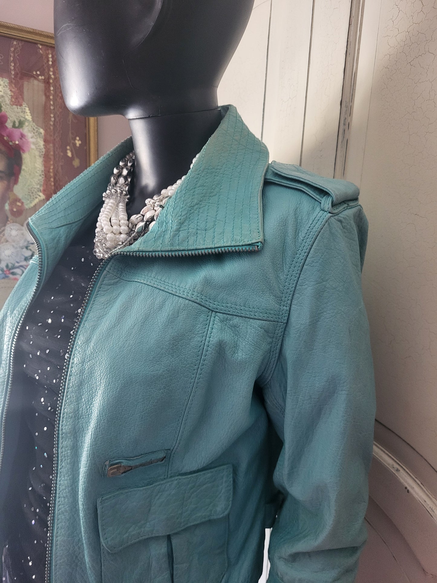 Vintage Superdry Aquamarine Leather Jacket