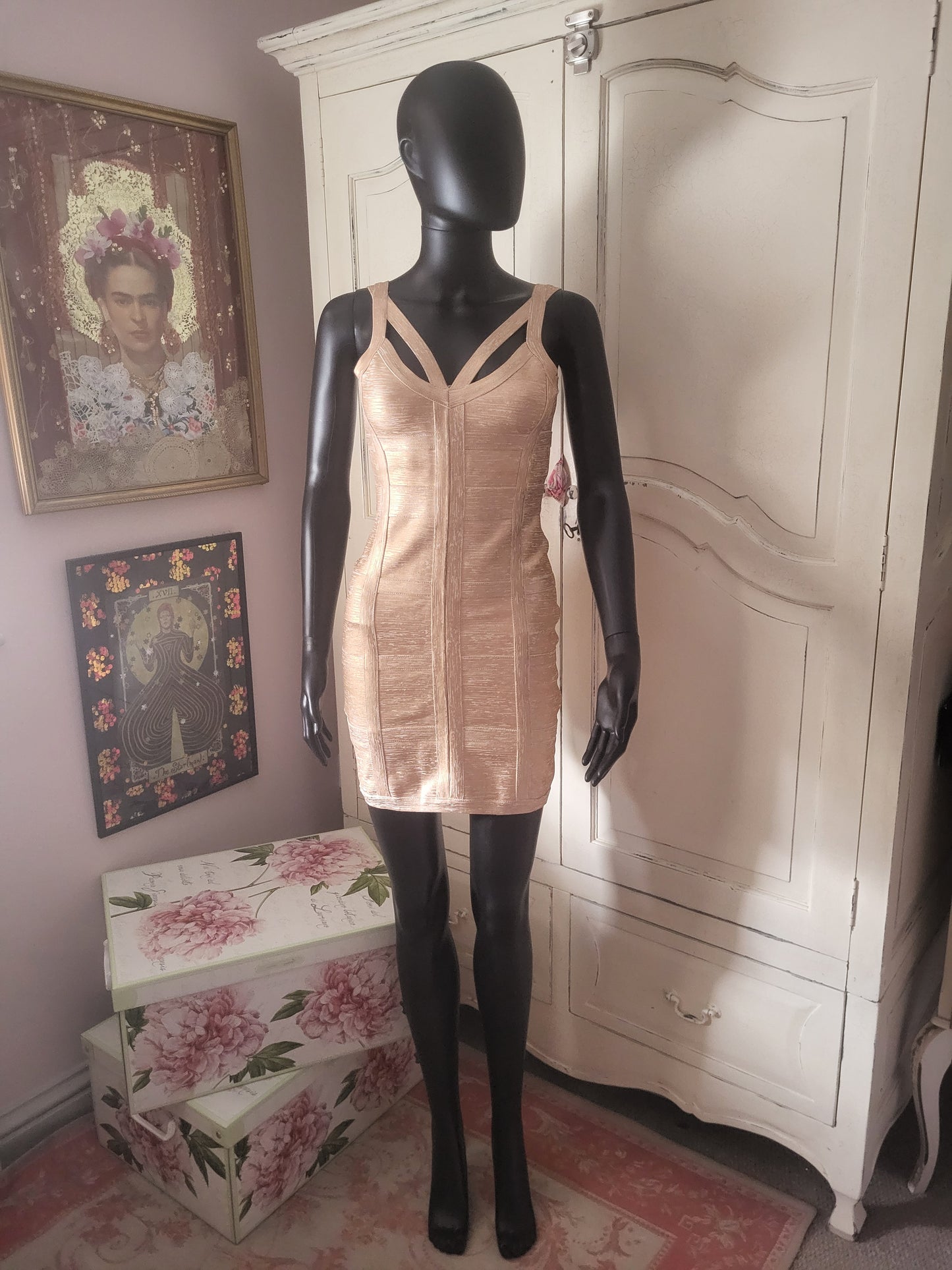 Molten Gold Bodycon Bandage Dress in the style of Hervé Léger