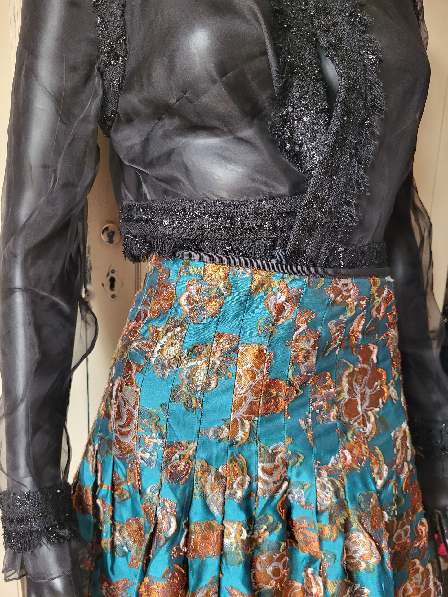 Vintage Silk Teal and Gold Brocade Skirt