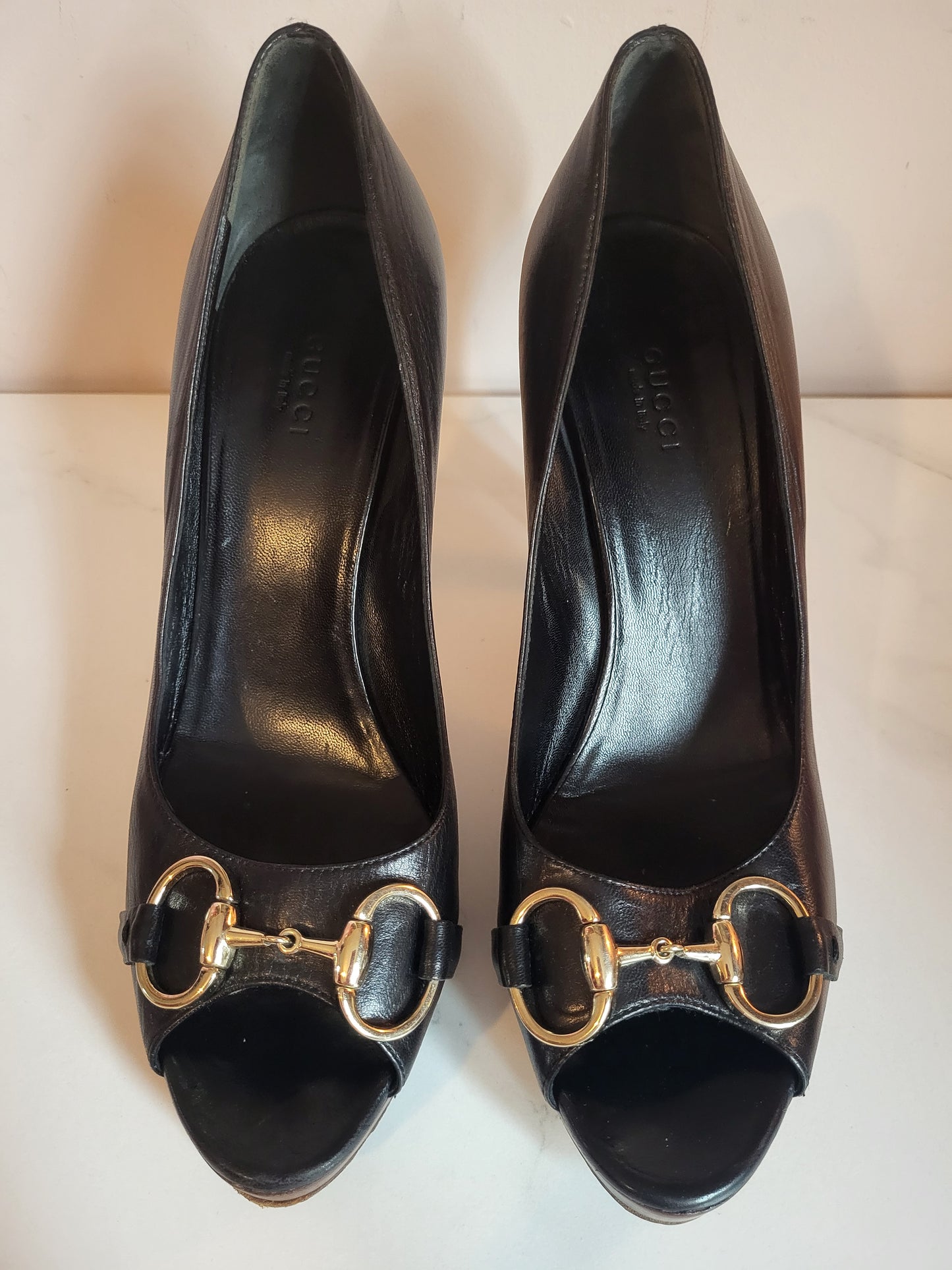 Gucci Black Classic Horsebit Peep Toe Platform Heels