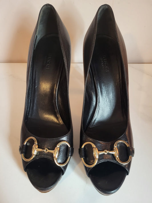 Gucci Black Classic Horsebit Peep Toe Platform Heels