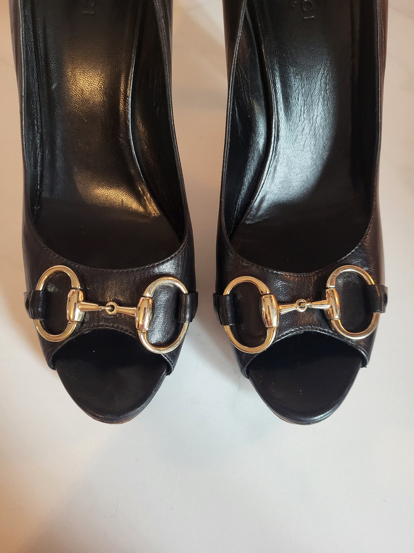 Gucci Black Classic Horsebit Peep Toe Platform Heels