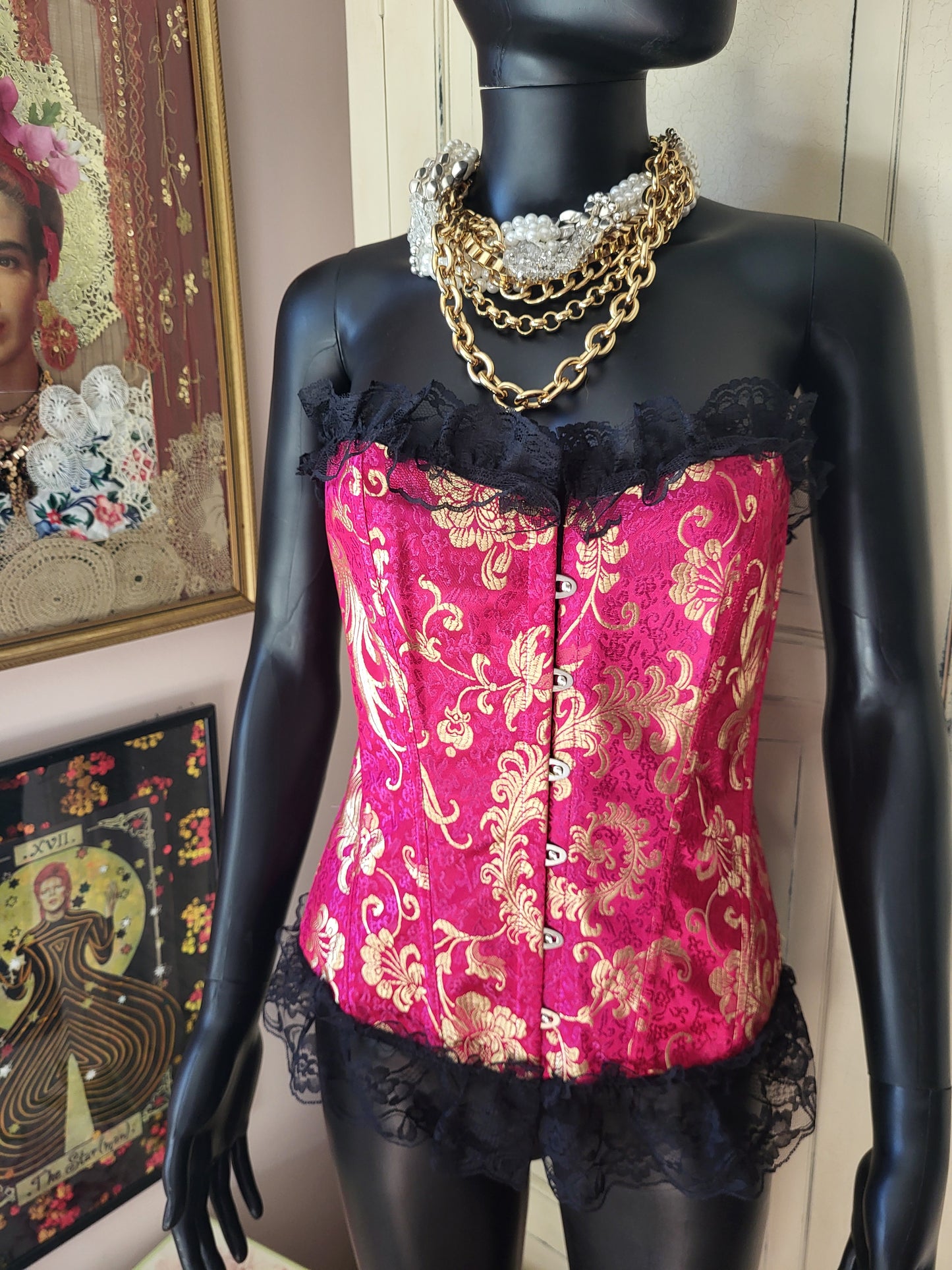 Fuchsia and Gold Basque with Black Lace Trim