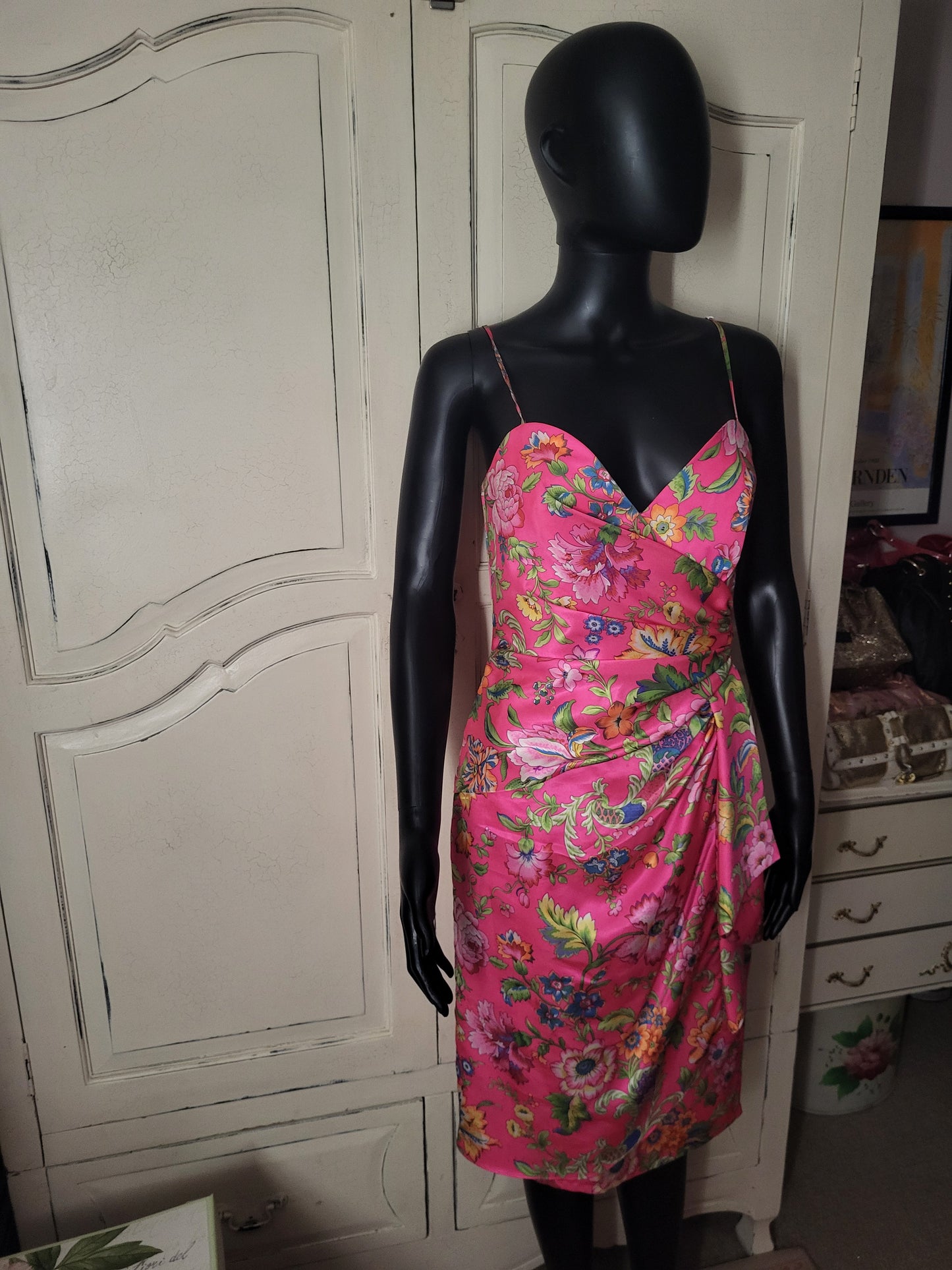 Vintage Satin Fuchsia Floral Print Frank Usher Dress