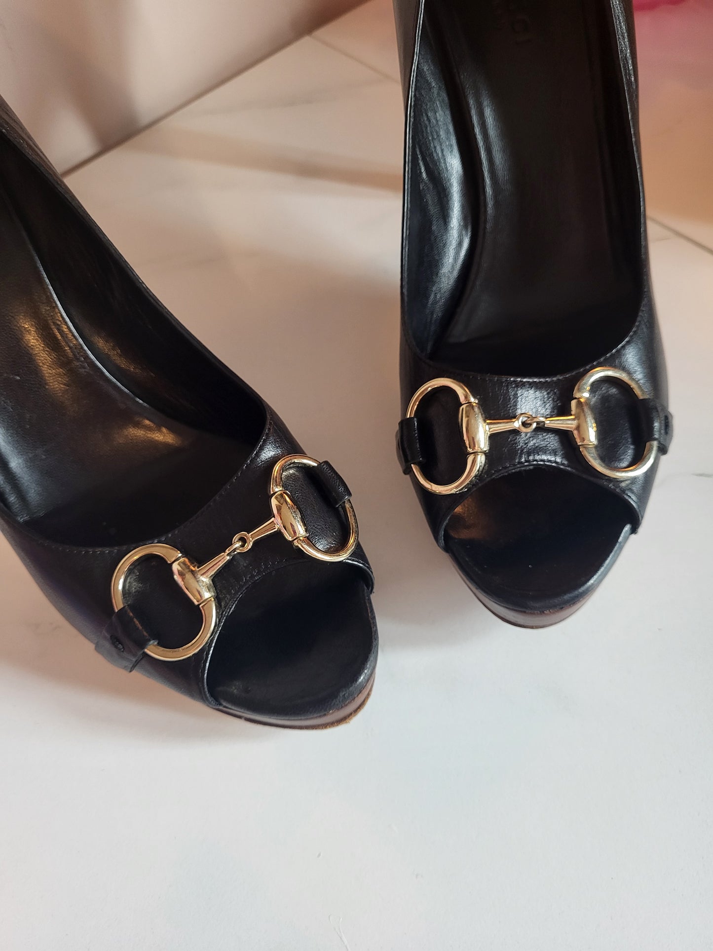 Gucci Black Classic Horsebit Peep Toe Platform Heels