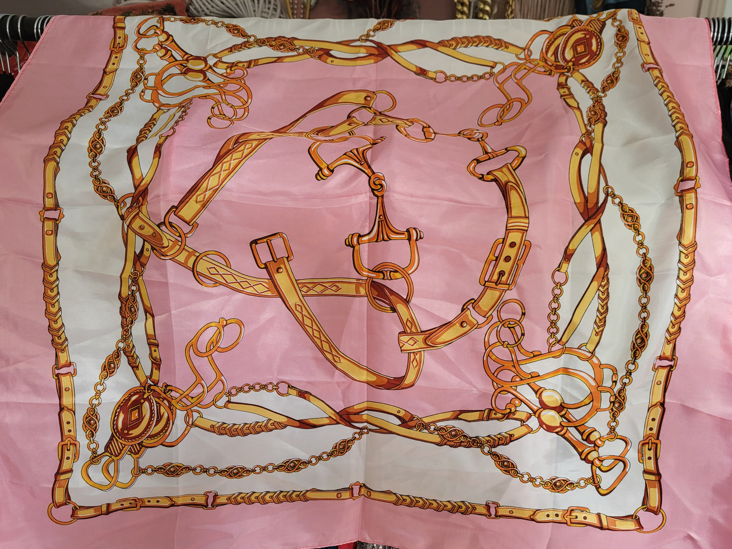 Pink and Cream Chain Detail imitation Silk Scarf