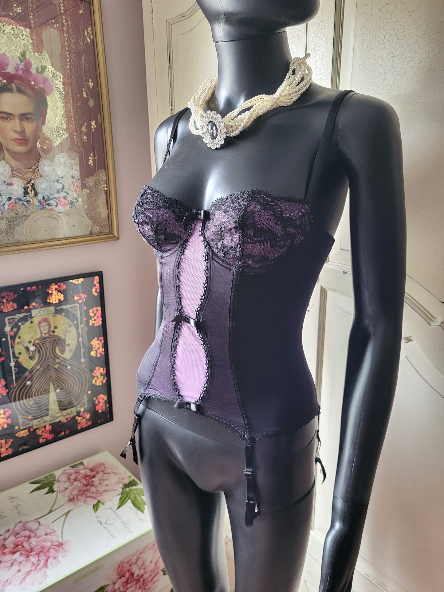 Vintage Aubade Lilac and Black Lace Basque