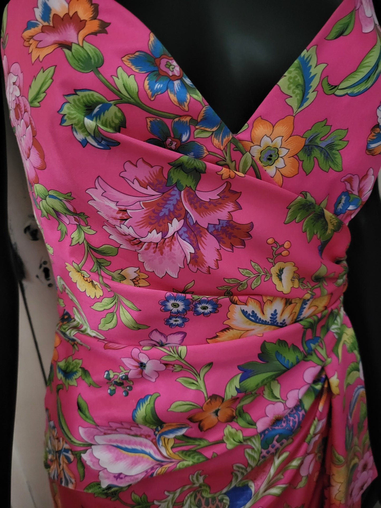 Vintage Satin Fuchsia Floral Print Frank Usher Dress