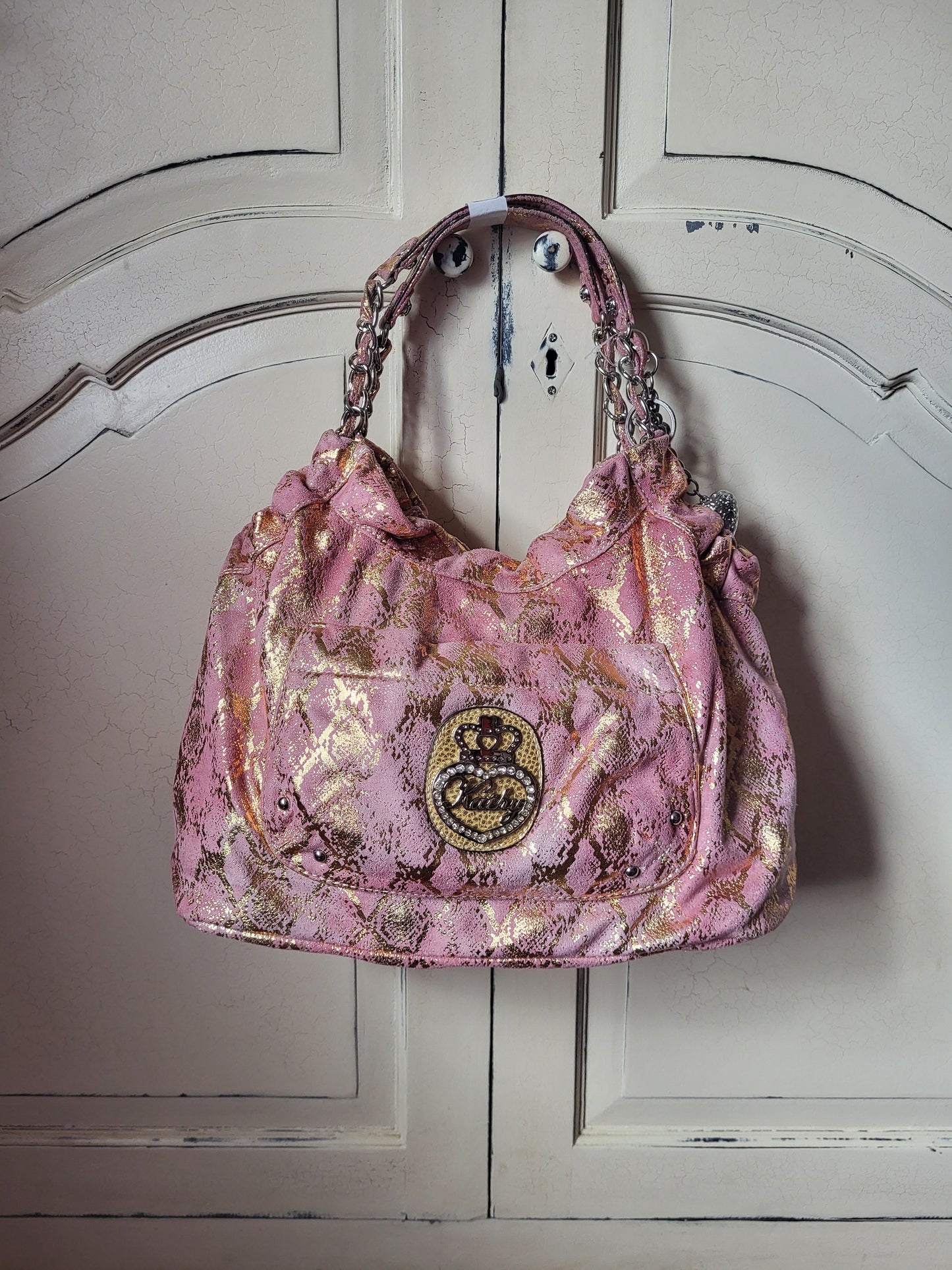 Kathy Van Zeeland Pink and Gold Hobo Slouch Bag