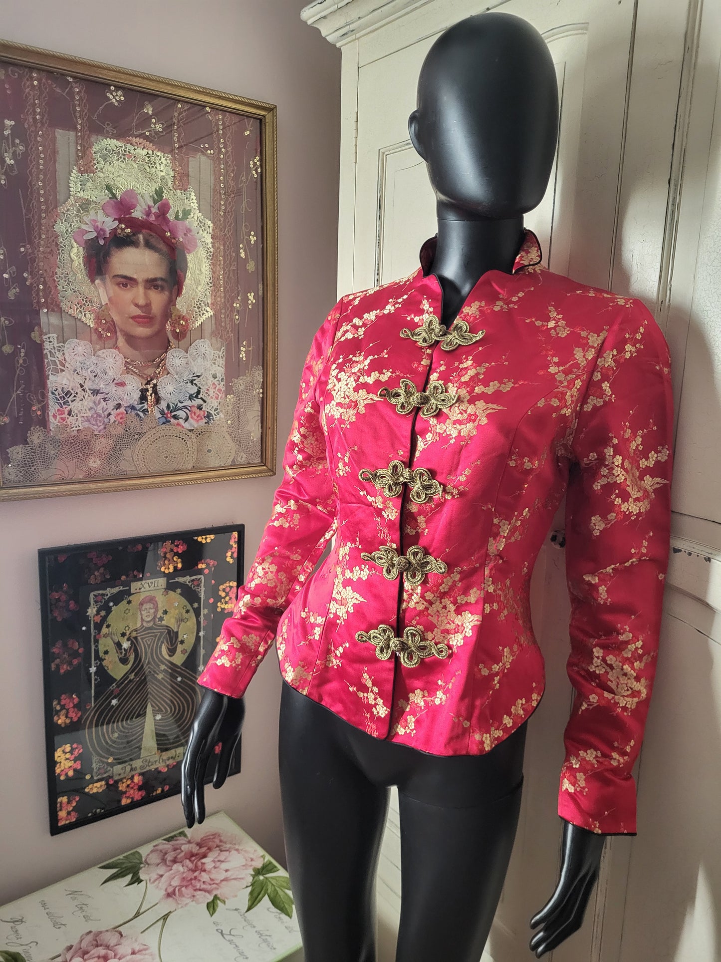 Tailor Lau Silk Red Floral Jacquard Jacket with Gold Brocade fastenings