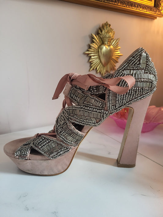 Vintage Fully Leather Lined Satin and Beaded Shoes