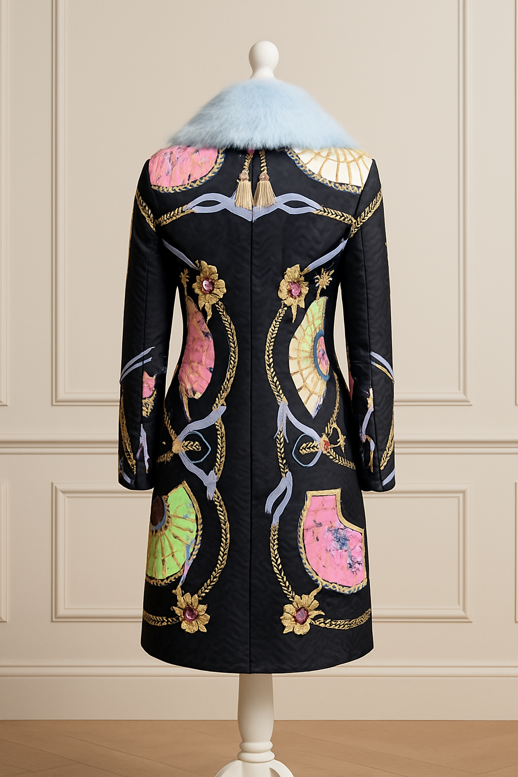Versace Blue Faux Fur Collar Brocade Coat