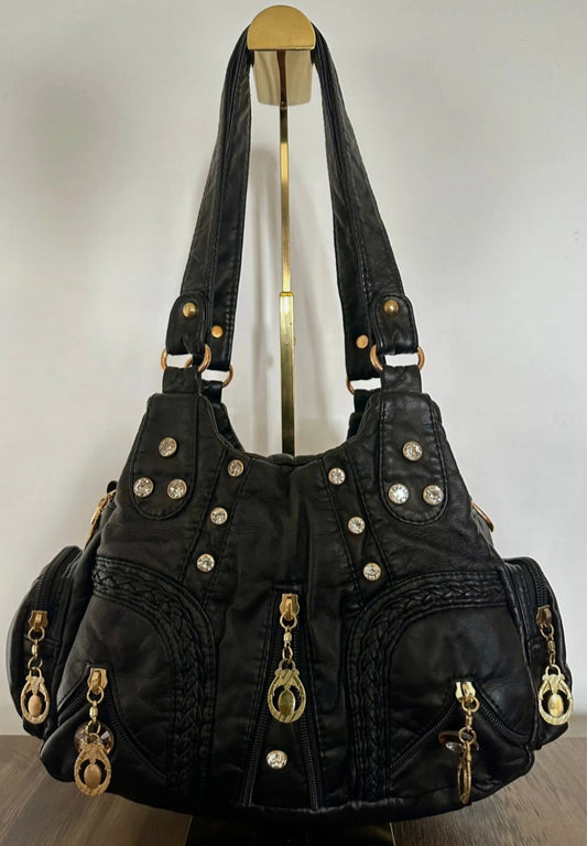 Vintage Black Faux Leather Handbag with Gold Tone Hardware